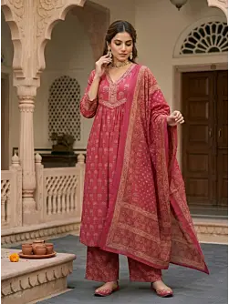 Pink Animal Printed Straight Kurta Set With Dupatta for Women