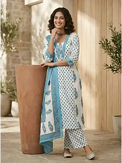 Off White Printed Straight Kurta Set With Dupatta for Women