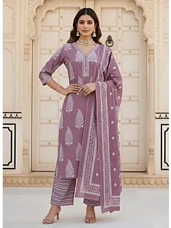 Mauve Printed Straight Kurta Set With Dupatta for Women