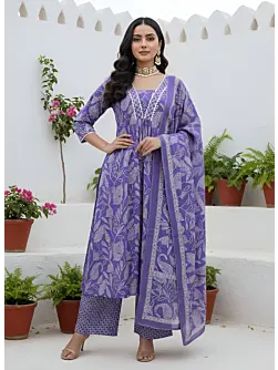 Lavender Printed Straight Kurta Set With Dupatta for Women