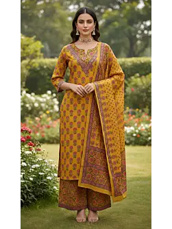 Yellow Printed Straight Kurta Set With Dupatta for Women