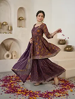 Purple Printed Peplum Kurta Set With Dupatta for Women