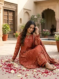 Rust Printed Anarkali Kurta Set With Dupatta for Women