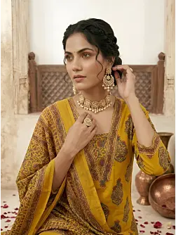 Yellow Printed Straight Kurta Set With Dupatta for Women