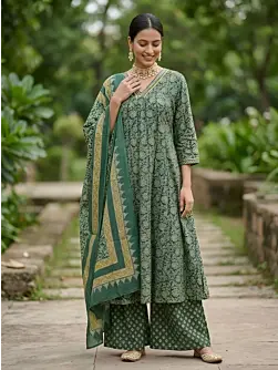 Green A-Line Kurta Set With Dupatta for Women