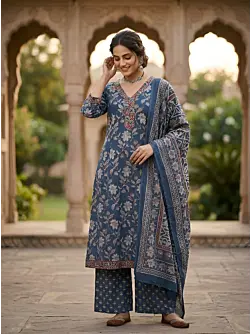 Navy Blue Printed A-Line Kurta Set With Dupatta for Women