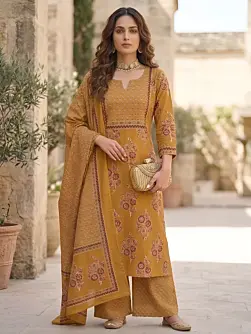 Mustard Printed Straight Kurta Set With Dupatta for Women