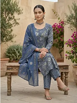 Blue Printed Straight Kurta Set With Dupatta for Women