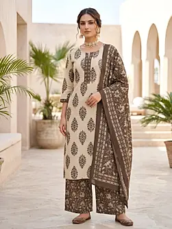 Beige & Brown Printed Straight Kurta Set With Dupatta for Women