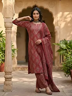 Maroon Printed Straight Kurta Set With Dupatta for Women