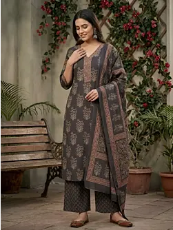 Black Printed Straight Kurta Set With Dupatta for Women