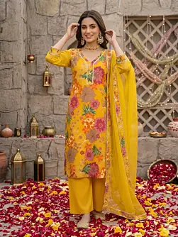 Yellow Printed Straight Kurta Set With Dupatta for Women