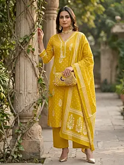 Yellow Printed Straight Kurta Set With Dupatta for Women