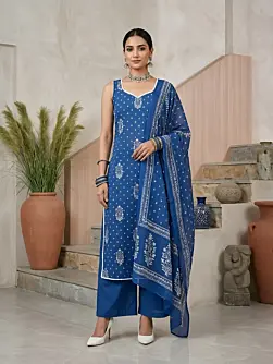 Blue Printed Straight Kurta Set With Dupatta for Women