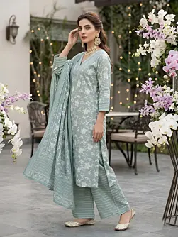 Sage Green Printed Straight Kurta Set With Dupatta for Women
