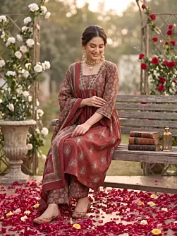 Maroon Printed A-Line Kurta Set With Dupatta for Women