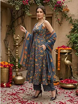Teal Blue Printed Anarkali Kurta Set With Dupatta for Women