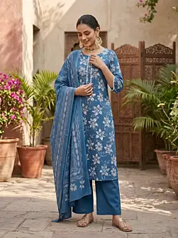 Blue Printed Straight Kurta Set With Dupatta for Women