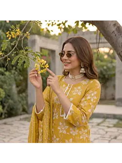 Yellow Printed Straight Kurta Set With Dupatta for Women