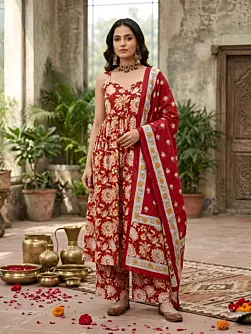 Red Printed Anarkali Kurta Set With Dupatta for Women