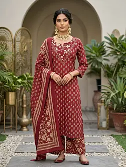 Maroon Printed Straight Kurta Set With Dupatta for WomenRegular price