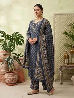 Blue Printed Straight Kurta Set With Dupatta for Women