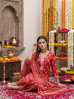 Red Printed Straight Kurta Set With Dupatta for Women