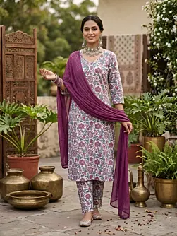 Off White Printed Straight Kurta Set With Dupatta for Women