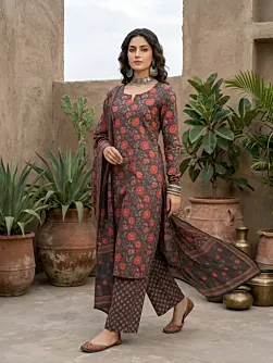 Grey Black Printed Straight Kurta Set With Dupatta for Women