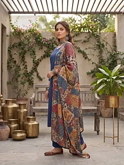 Blue Printed Straight Kurta Set With Dupatta for Women