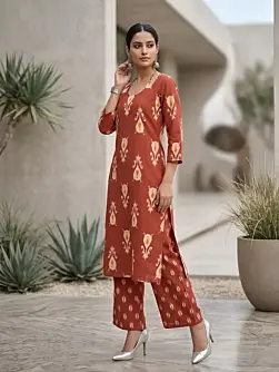 Rust Printed Kurta Set for Women