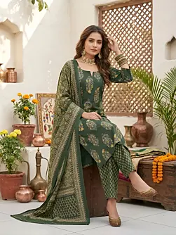 Green Printed Straight Kurta Set With Dupatta for Women