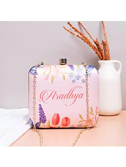 Women Pink Floral Printed Name Customised Clutch