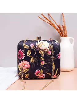 Women Black Leaf And Floral Printed Name Customised Clutch