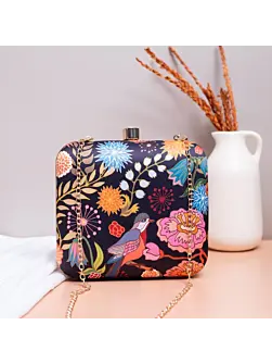 Women Black Bird And Floral Printed Name Customised Clutch