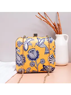 Woman Yellow Birds And Floral Printed Name Customised Clutch