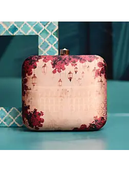 Woman Beige And Red Floral Printed Clutch