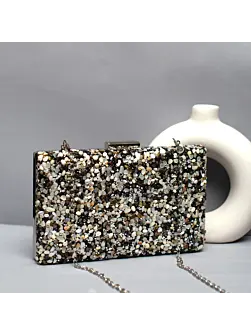 Women Black Gravel Stone Metallic Evening Clutch