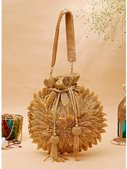 Golden Flower Sequined Heavy Potli Bag for Women