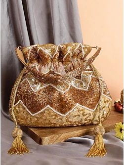 Gold and Coffee Handwork Embellished Luxury Potli Bag for Bride