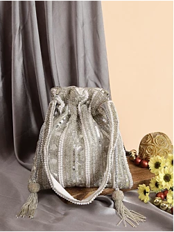 Silver Mirror Work Party Wear Bridal Potli Bag