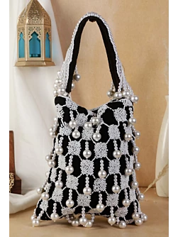 Women Black Pearl Embroidered Stylish Potli Bag