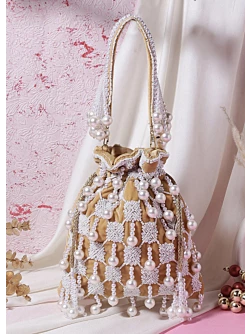 Women Brown Pearl Embroidered Stylish Potli Bag