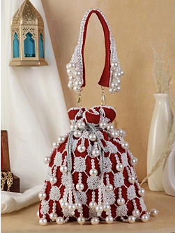 Women Red Pearl Embroidered Stylish Potli Bag