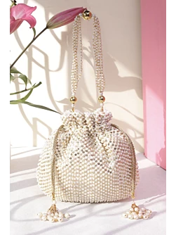 White Pearl Embellish Designer Potli Bag for Women
