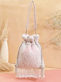 Baby Pink Embroidered Silk Bridal Potl Bag