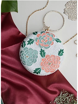 Floral Embroidered Round Festive Clutch