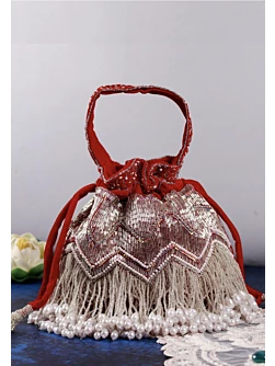 Maroon Silver Tubelight Pearl Bridal Potli Bag
