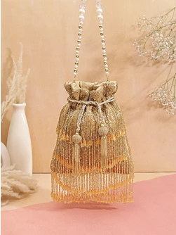 Yellow Pearl Golden Bridal Party Wear Potli Bag