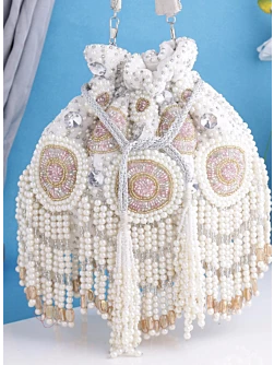 White and Pink Beaded Pearl Bridal Potli Bag